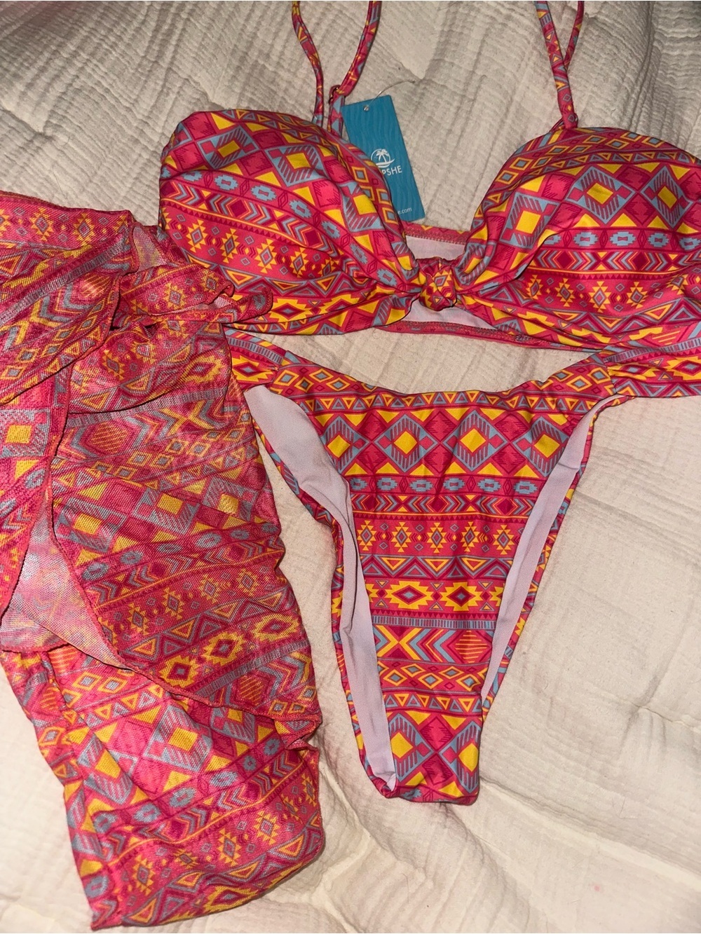CUPSHE Pink and Yellow Aztec Print Bikini Set with Cover-Up Sarong - NWT Large